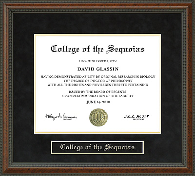 College of the Sequoias (COS) Diploma Frame