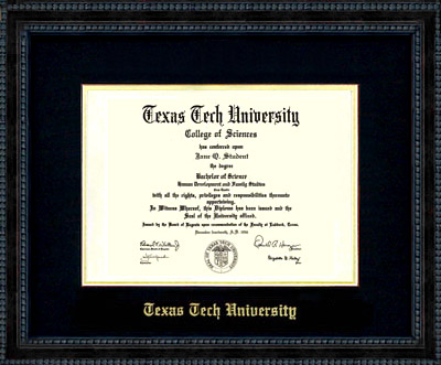 Texas Tech Diploma Frame with Black Suede Mat & Gold Embossing