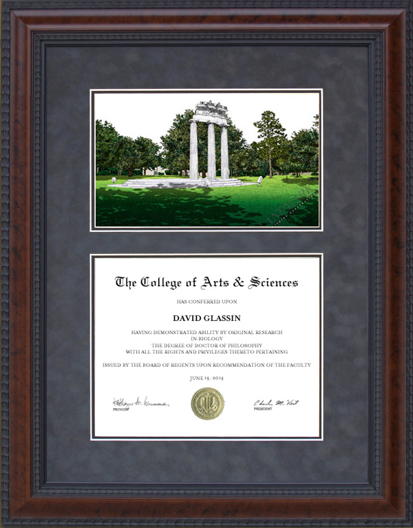 Diploma Frame with University of South Alabama (USA) Campus Lithograph