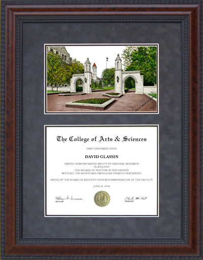 Indiana University (IU) Diploma Frame with Campus Lithograph