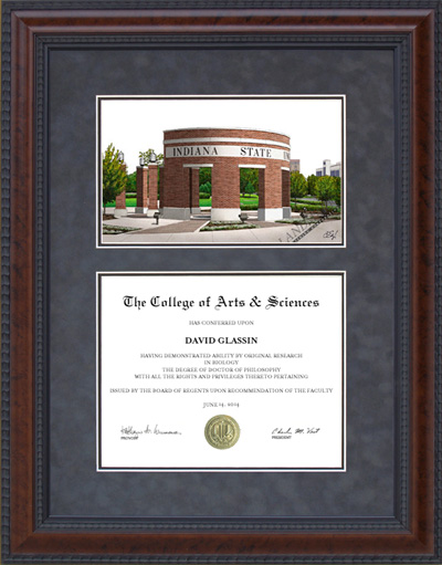 Indiana State University (ISU) Diploma Frame with Campus Lithograph