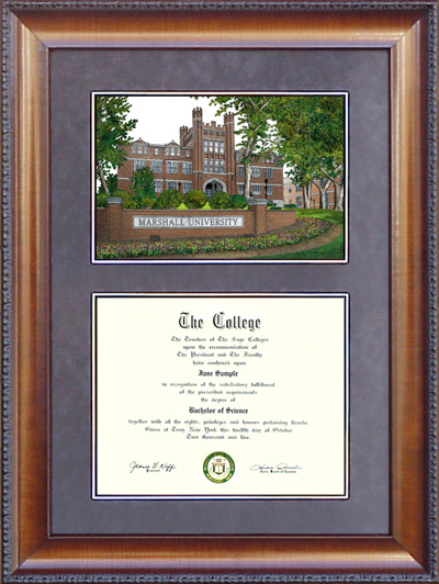 Marshall University (MU) Diploma Frame with Campus Lithograph