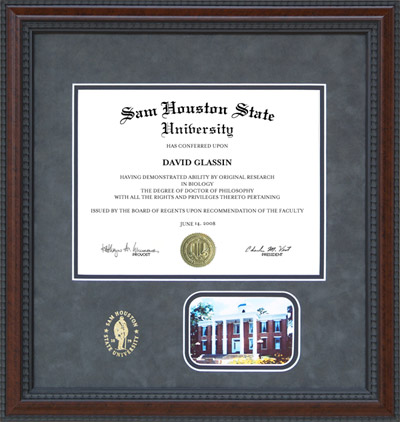 SHSU Diploma Frame with Gray Suede Mat, Gold Embossing & Austin Hall