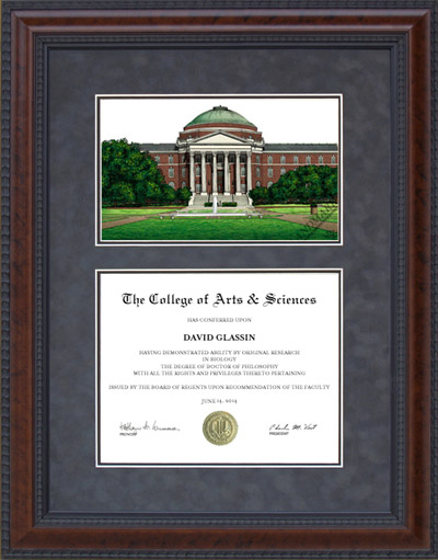 Southern Methodist University (SMU) Diploma Frame with Campus Lithograph
