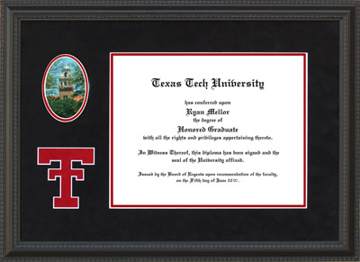 Texas Tech Diploma Frame with Black Suede Mat, Campus Photo & Red Logo