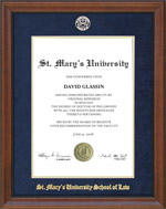 St. Mary's Law School Diploma Frame with Blue Suede Mat & Gold Embossing