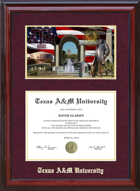 Texas A&M Cherry Diploma Frame with Campus Photo Wordyisms