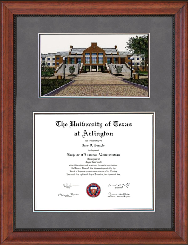 UTA Diploma Frame with Campus Lithograph in Walnut Wordyisms