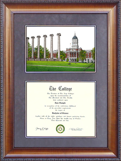University of Missouri (Mizzou) Diploma Frame with Campus Lithograph