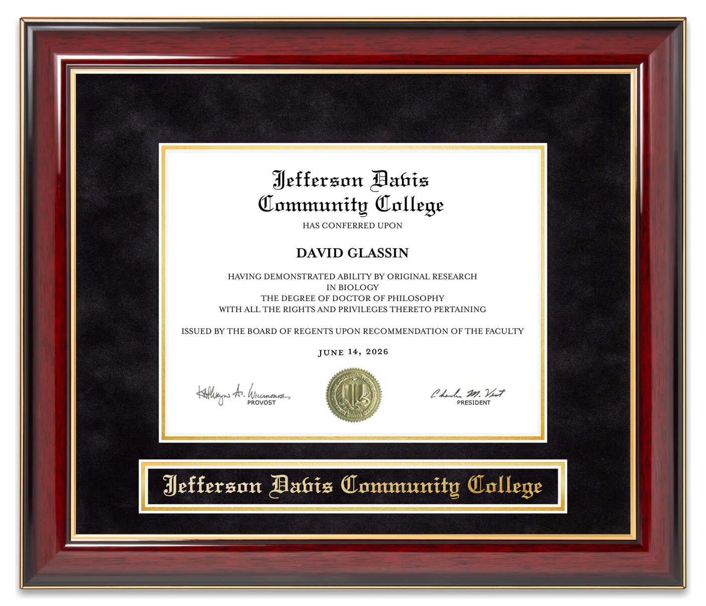 Jefferson Davis Community College (JDCC) Mahogany Diploma Frame - handcrafted diploma frame by Wordyisms