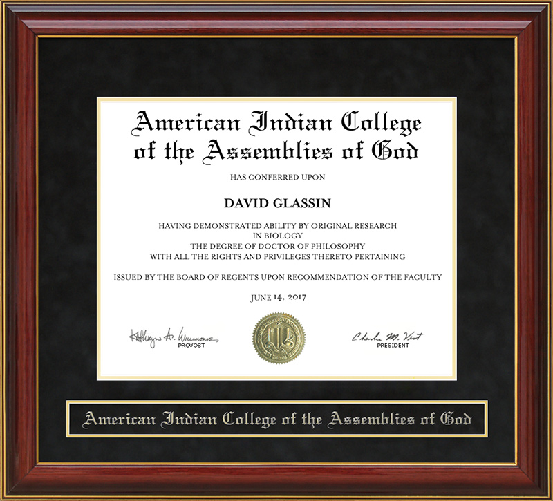 American Indian College of the Assemblies of God (AICAG) Mahogany Diploma Frame