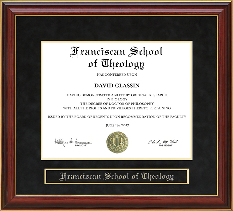 Franciscan School of Theology (FST) Mahogany Diploma Frame