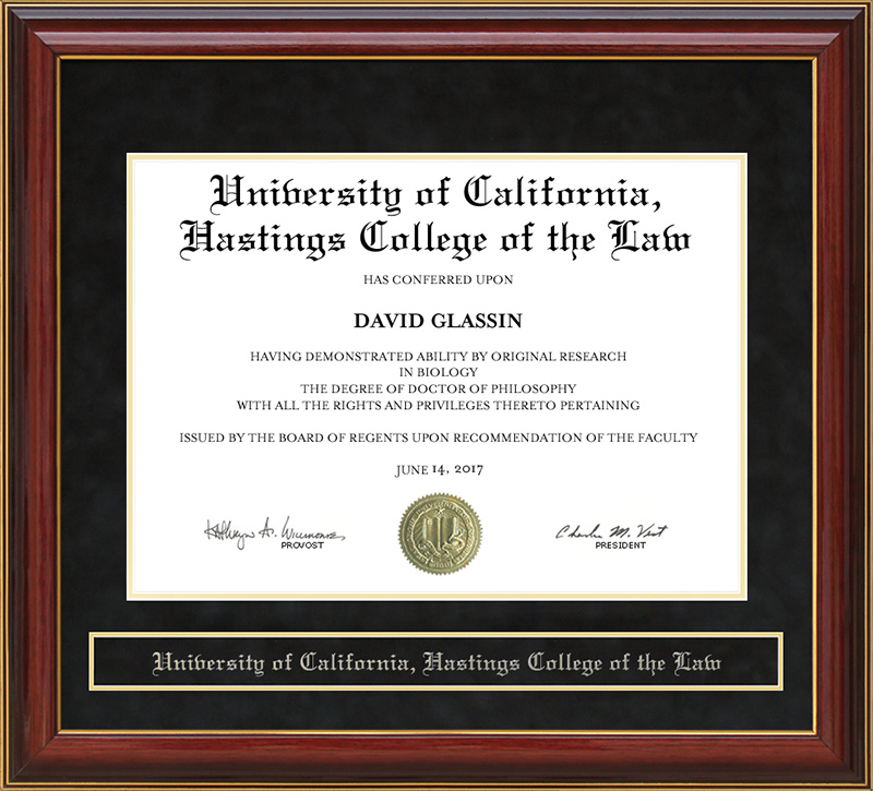 University of California, Hastings College of the Law Mahogany Diploma Frame