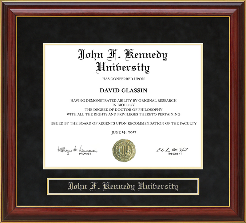 John F. Kennedy University (JFKU) Mahogany Diploma Frame