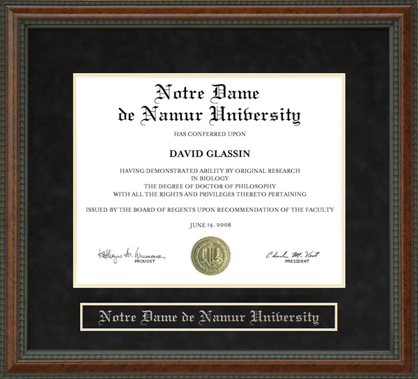 Notre Dame de Namur University (NDNU) Diploma Frame
