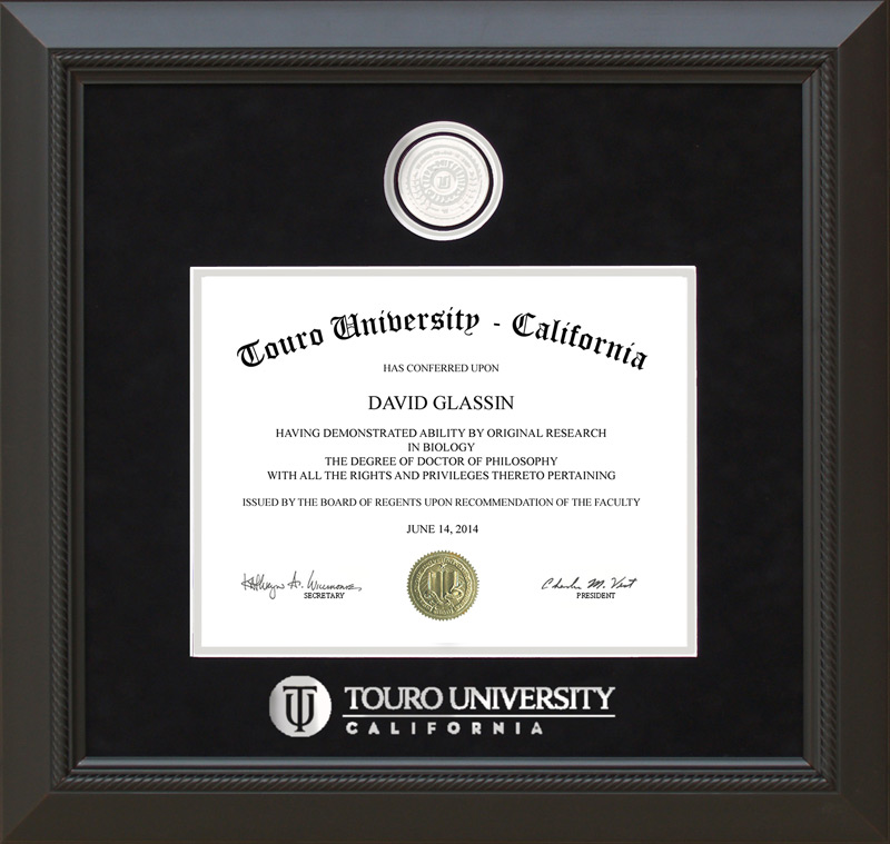 Touro University California Diploma Frame with UltraSuede Matting and School Medallion