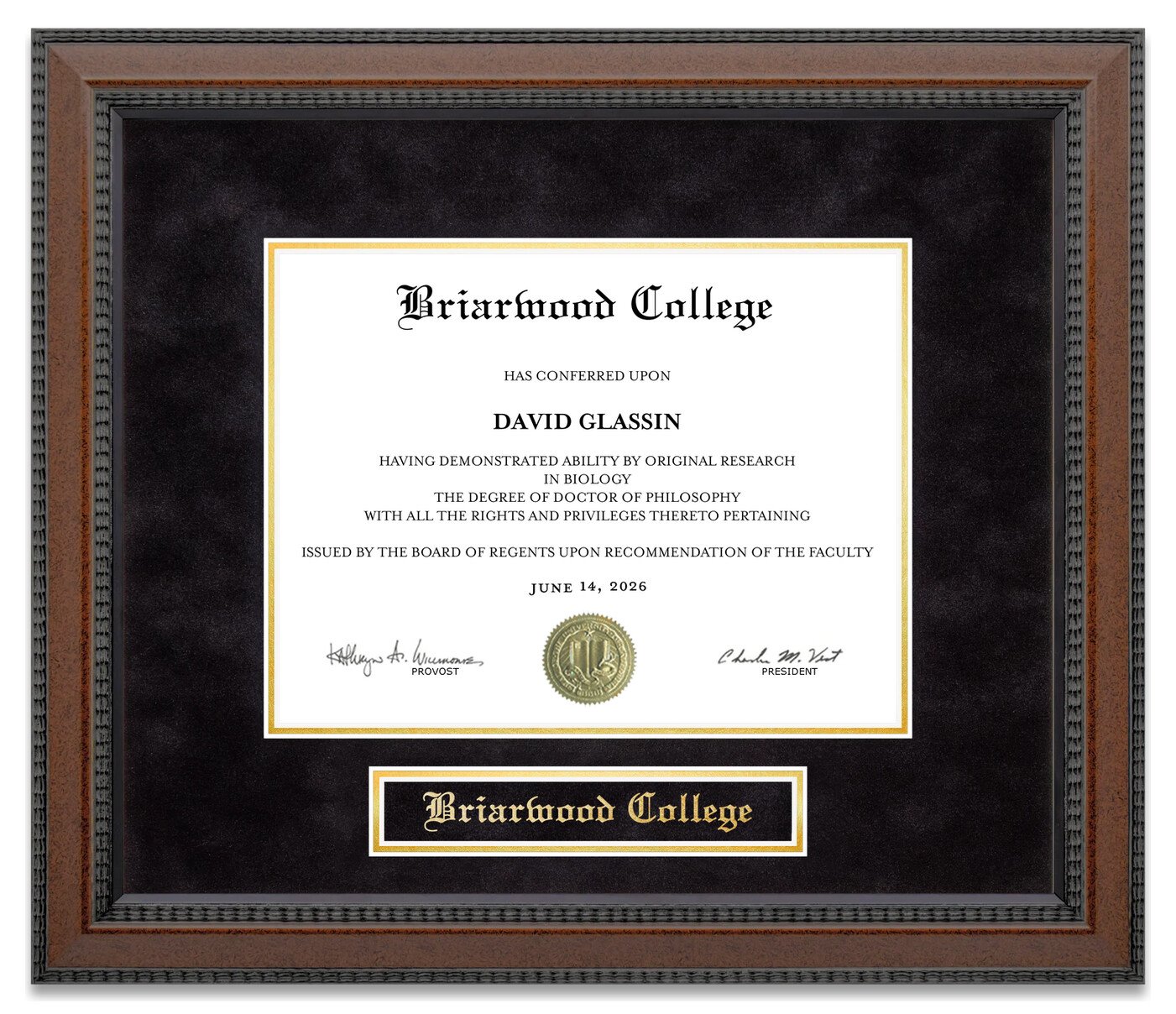Briarwood College Diploma Frame - handcrafted diploma frame by Wordyisms