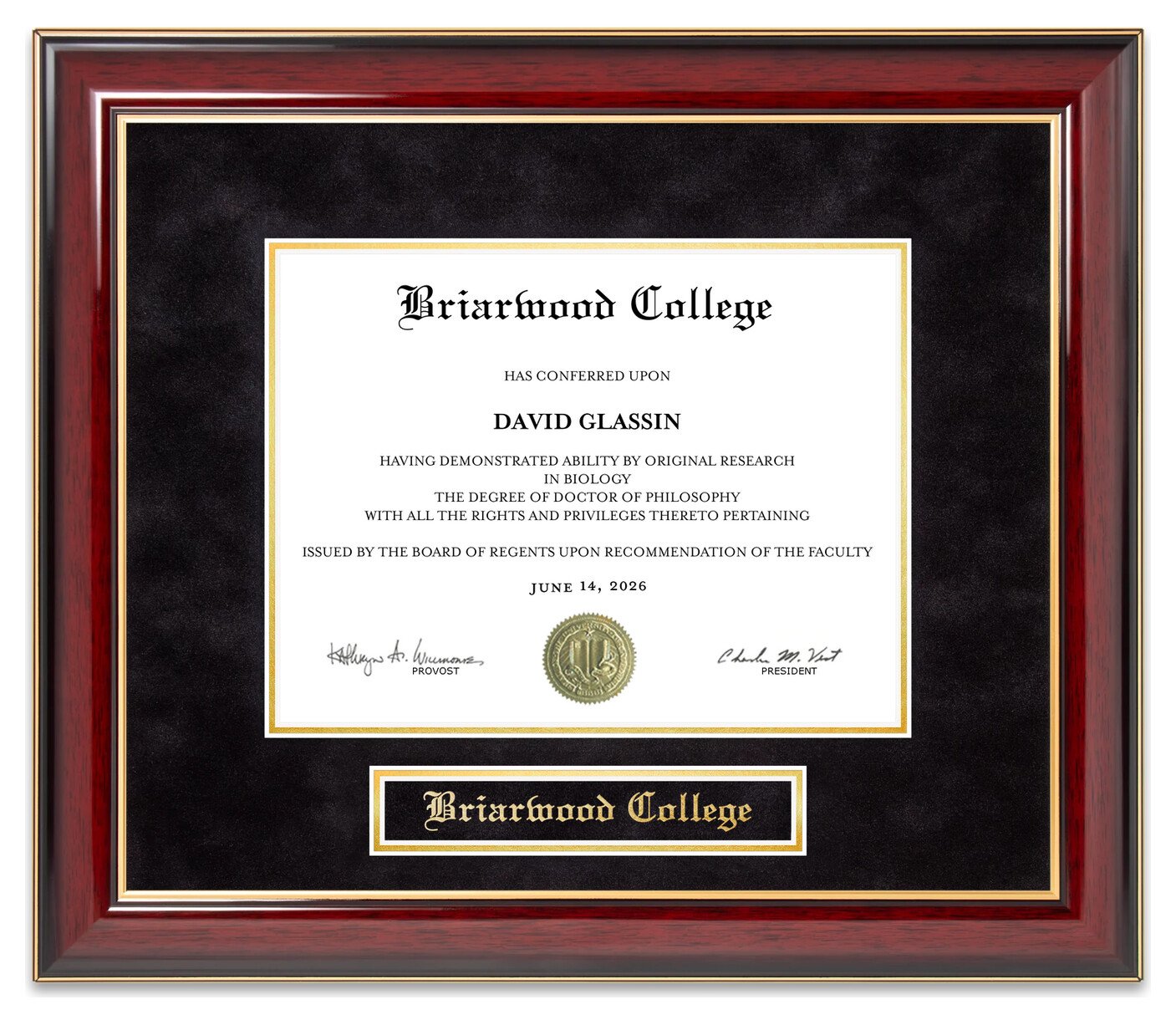 Briarwood College Mahogany Diploma Frame - handcrafted diploma frame by Wordyisms