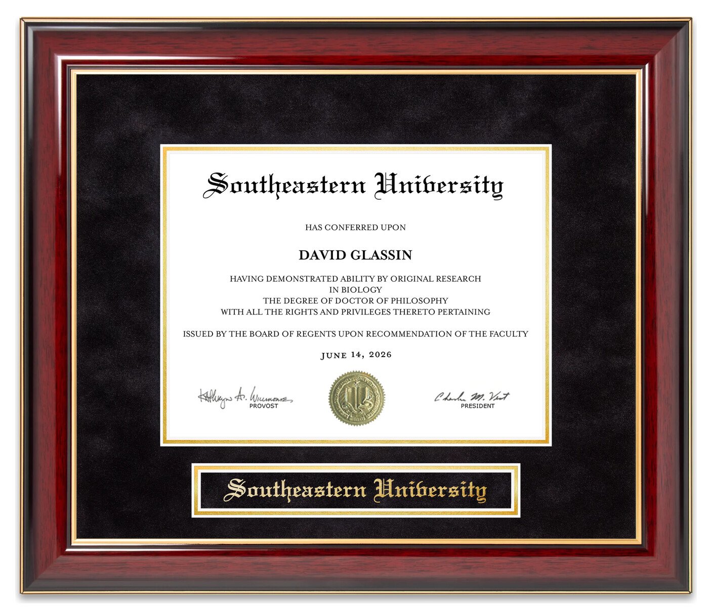 Southeastern University (SEU) Mahogany Diploma Frame - handcrafted diploma frame by Wordyisms