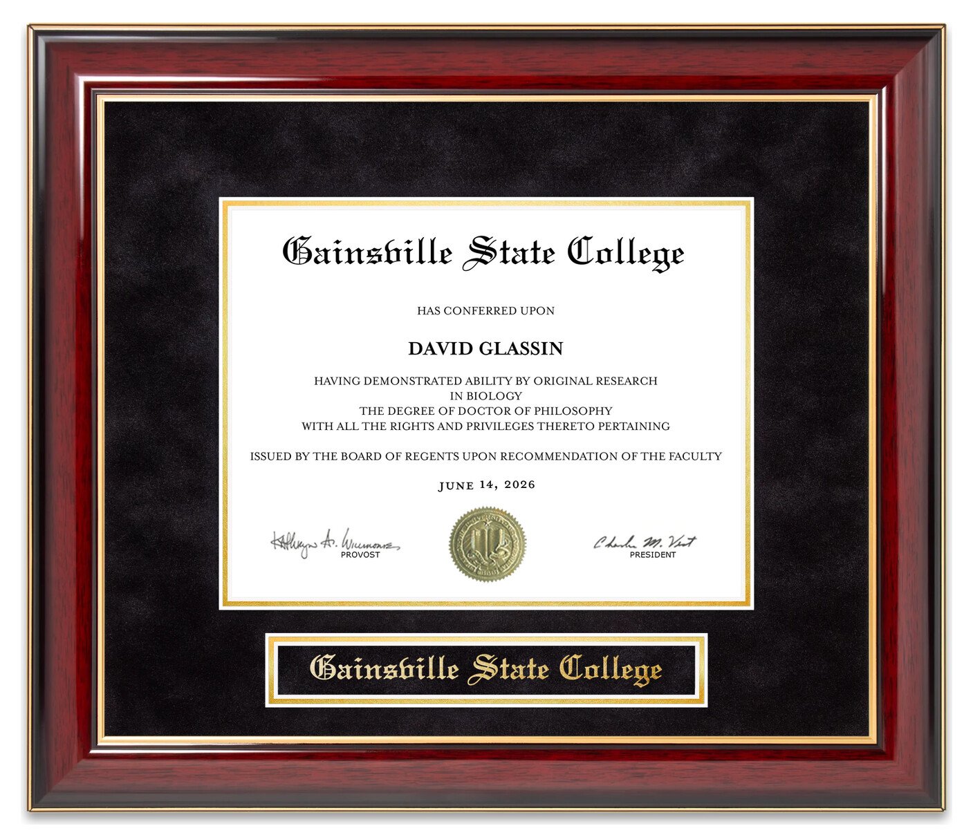 Gainsville State College (GSC) Mahogany Diploma Frame - handcrafted diploma frame by Wordyisms