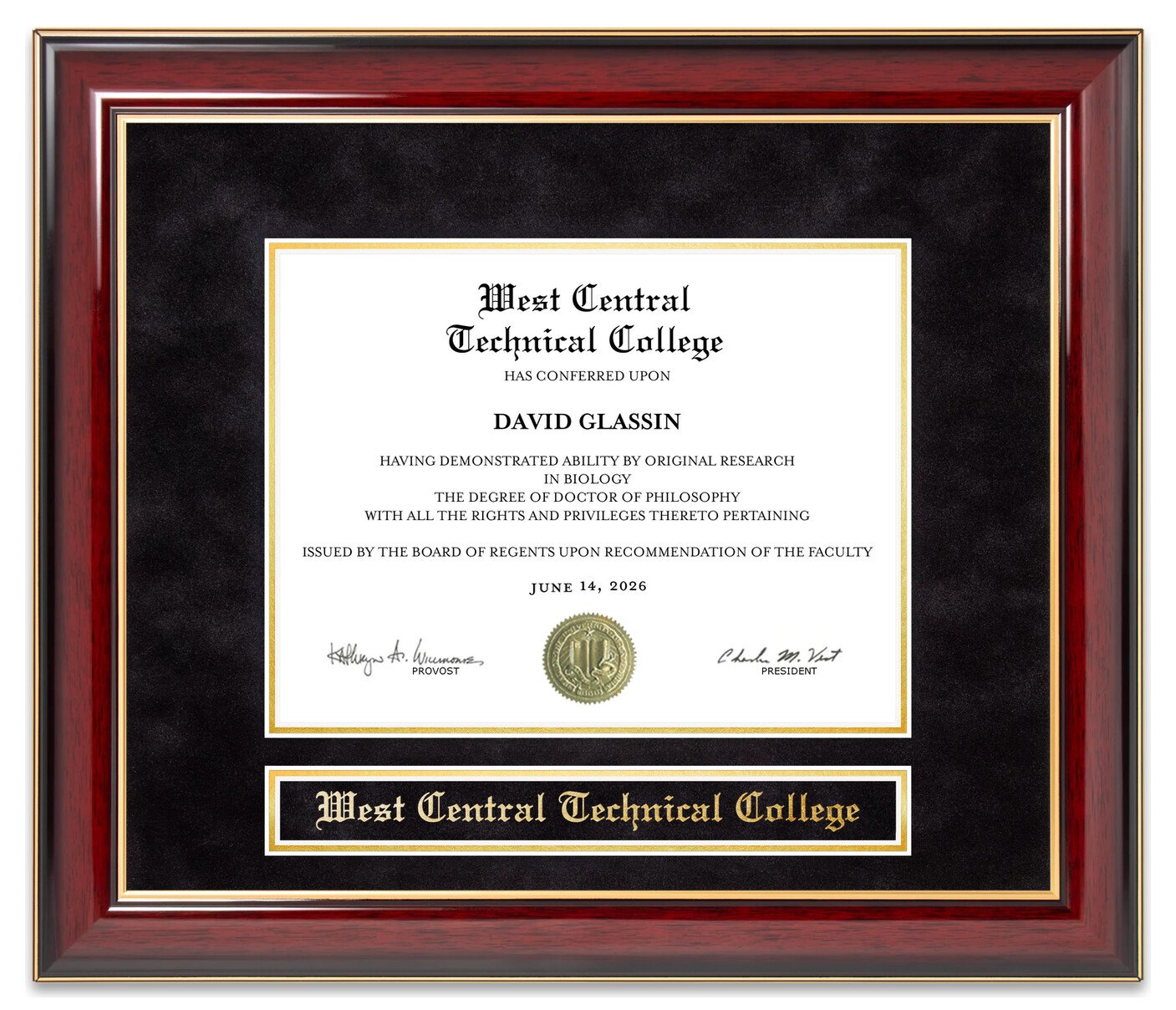 West Central Technical College (WCTC) Mahogany Diploma Frame - handcrafted diploma frame by Wordyisms