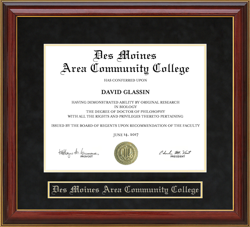 Des Moines Area Community College (DMACC) Mahogany Diploma Frame by