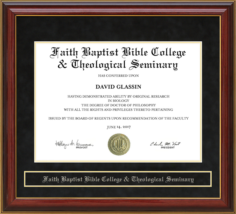 Faith Baptist Bible College & Theological Seminary Mahogany Diploma Frame