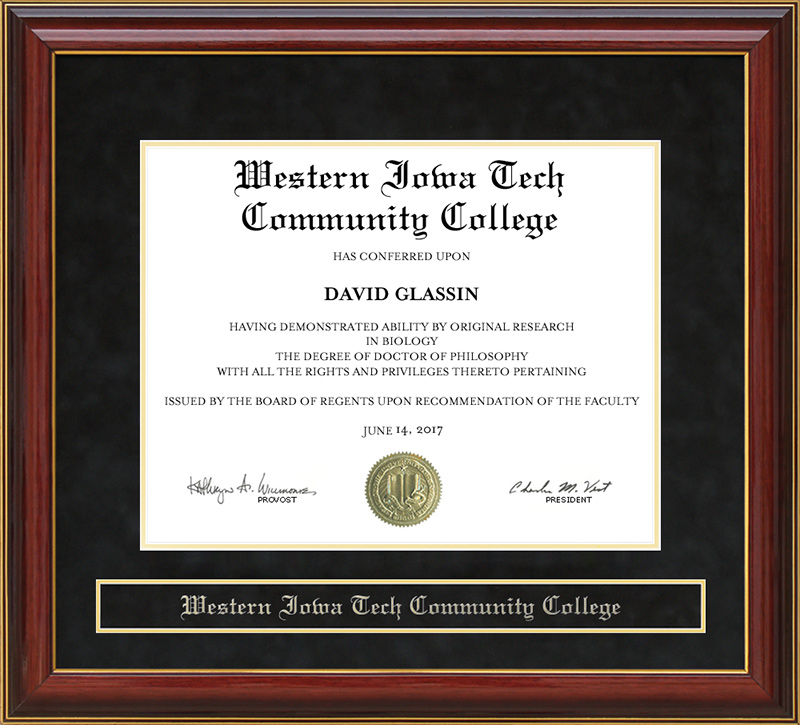 Western Iowa Tech Community College (WITCC) Mahogany Diploma Frame