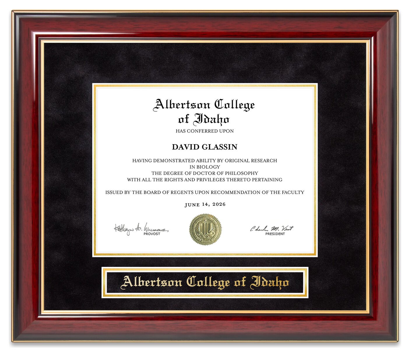 Albertson College of Idaho (ACI) Mahogany Diploma Frame - handcrafted diploma frame by Wordyisms