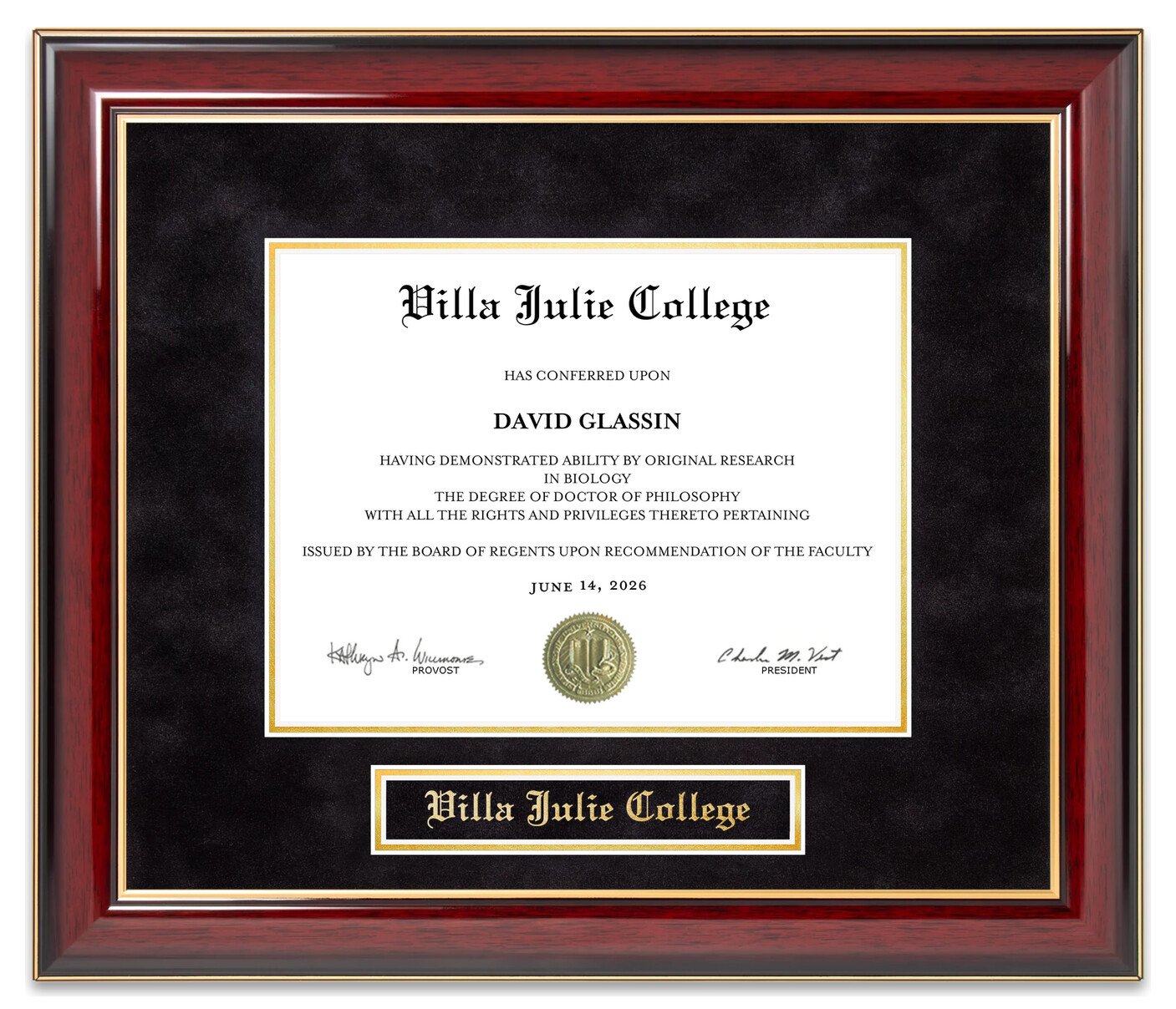 Villa Julie College (VJC) Mahogany Diploma Frame - handcrafted diploma frame by Wordyisms