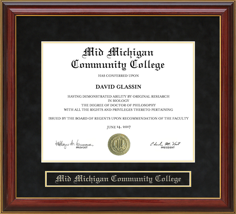 Mid Michigan Community College (MMCC) Mahogany Diploma Frame