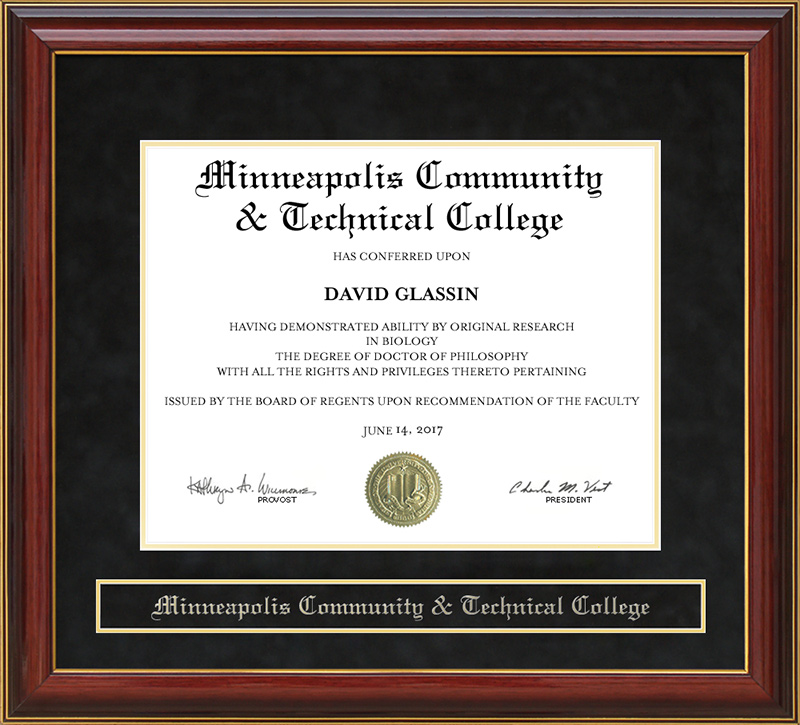 Minneapolis Community & Technical College (MCTC) Mahogany Diploma Frame