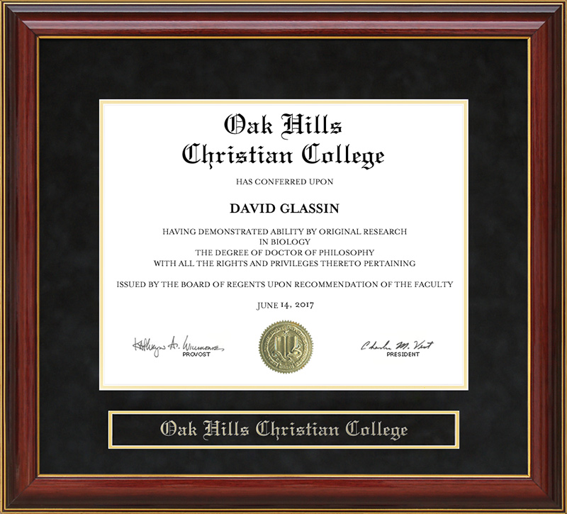 Oak Hills Christian College Mahogany Diploma Frame