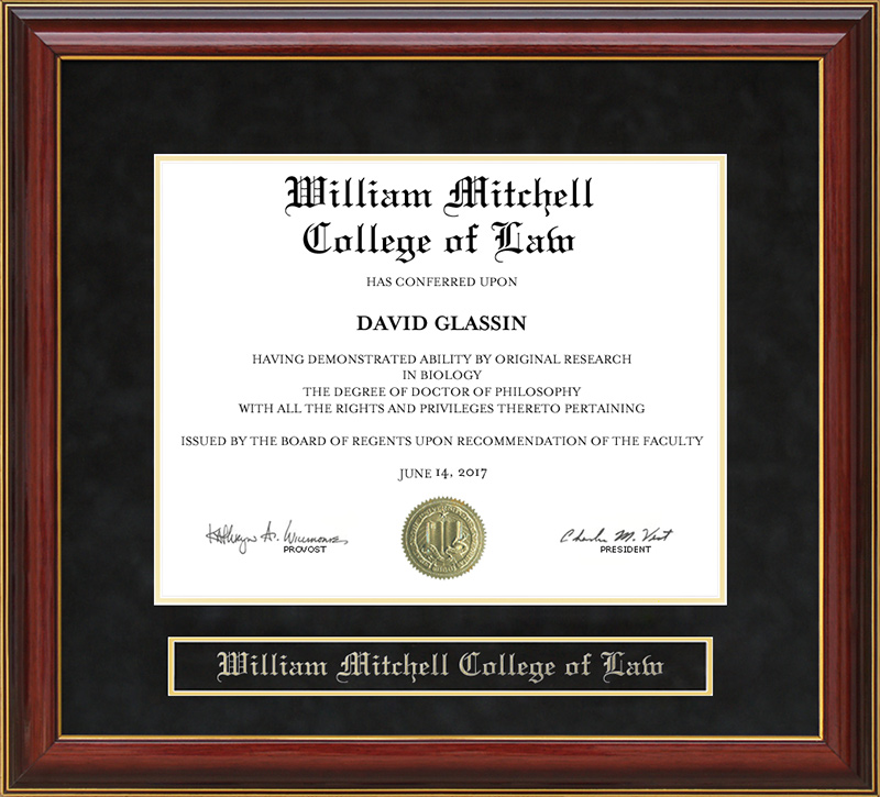 William Mitchell College of Law Mahogany Diploma Frame