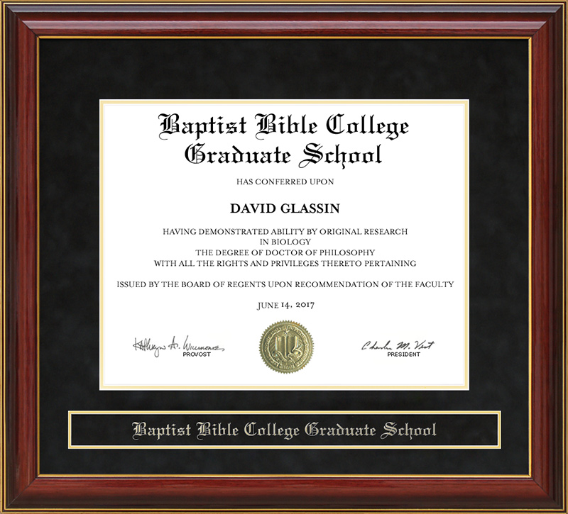 Baptist Bible College Graduate School Mahogany Diploma Frame
