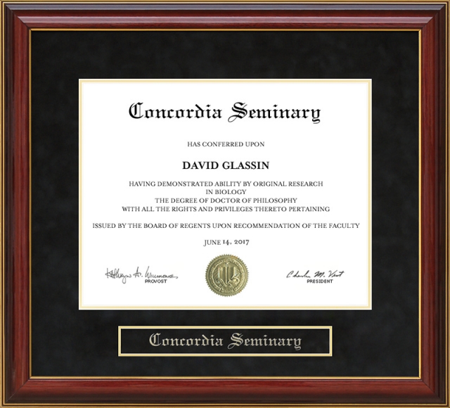 Concordia Seminary Mahogany Diploma Frame