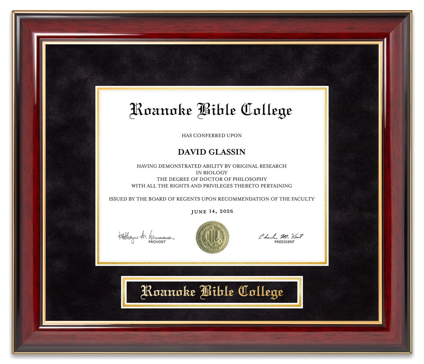 Roanoke Bible College Mahogany Diploma Frame - handcrafted diploma frame by Wordyisms