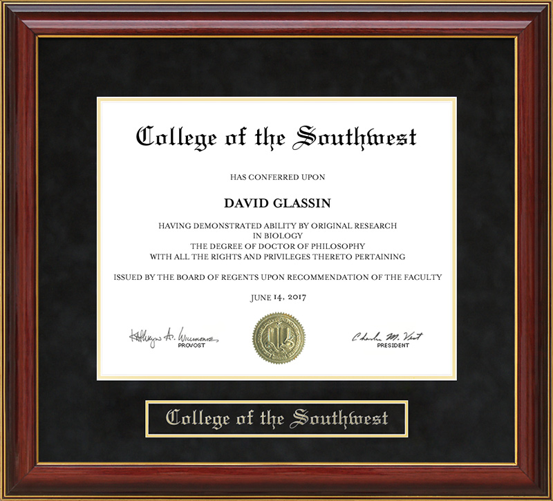 College of the Southwest (CSW) Mahogany Diploma Frame