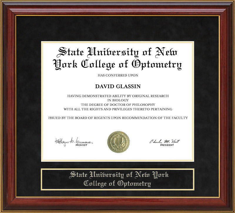 State University of New York College of Optometry Mahogany Diploma Frame