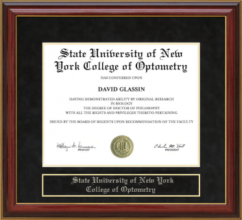 State University of New York College of Optometry Mahogany Diploma Frame