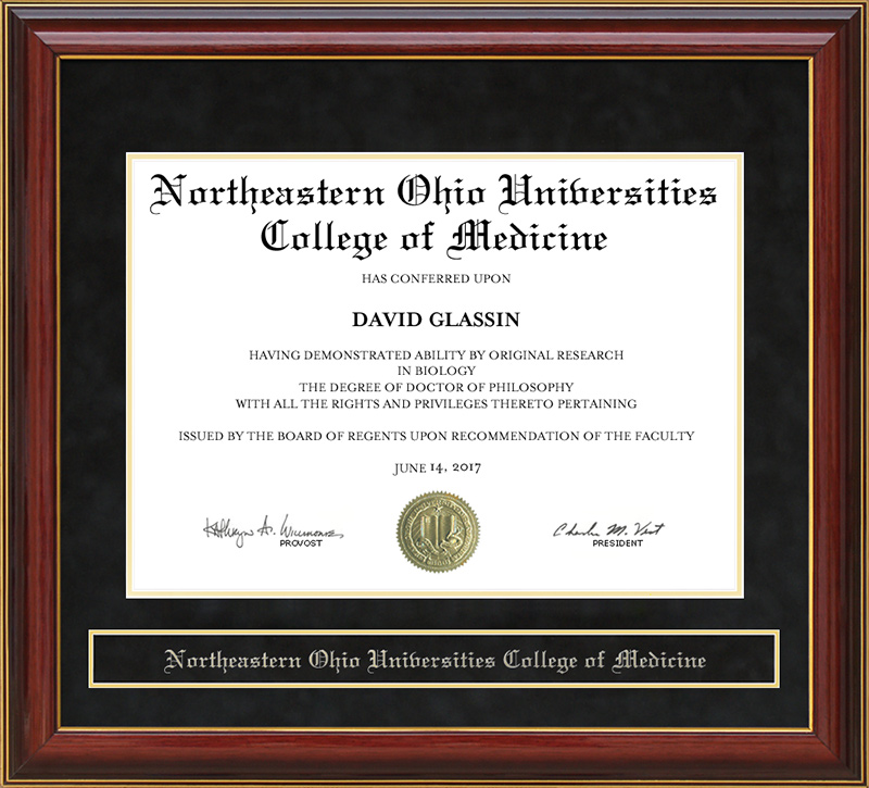 Northeastern Ohio Universities College of Medicine (NEOUCOM) Mahogany Diploma Frame