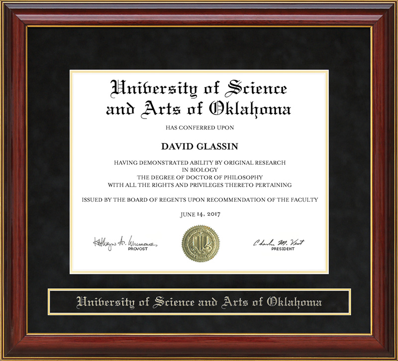 University of Science and Arts of Oklahoma (USAO) Mahogany Diploma Frame
