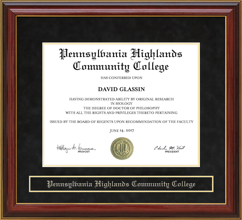Pennsylvania Highlands Community College Mahogany Diploma Frame