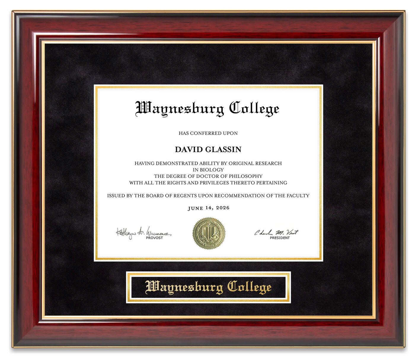 Waynesburg College Mahogany Diploma Frame - handcrafted diploma frame by Wordyisms