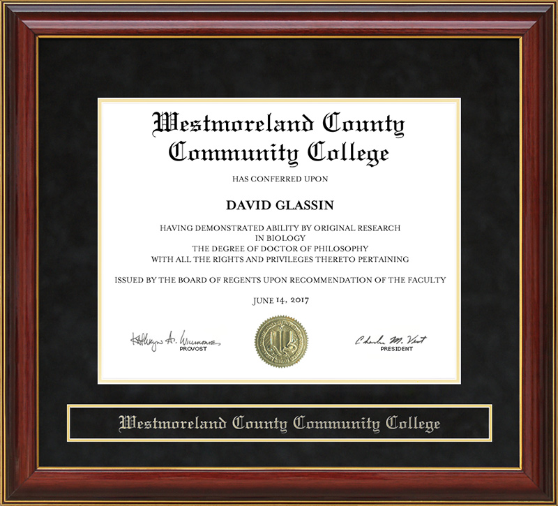 Westmoreland County Community College (WCCC) Mahogany Diploma Frame
