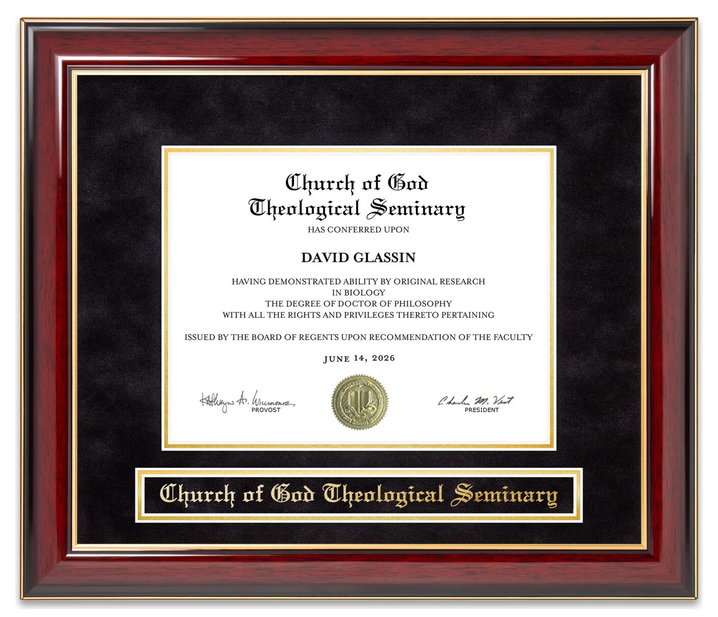 Church of God Theological Seminary Mahogany Diploma Frame - handcrafted diploma frame by Wordyisms