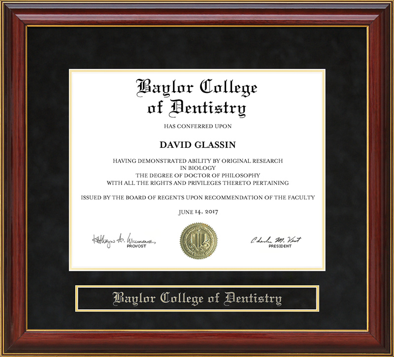 Baylor College of Dentistry (BCD) Mahogany Diploma Frame