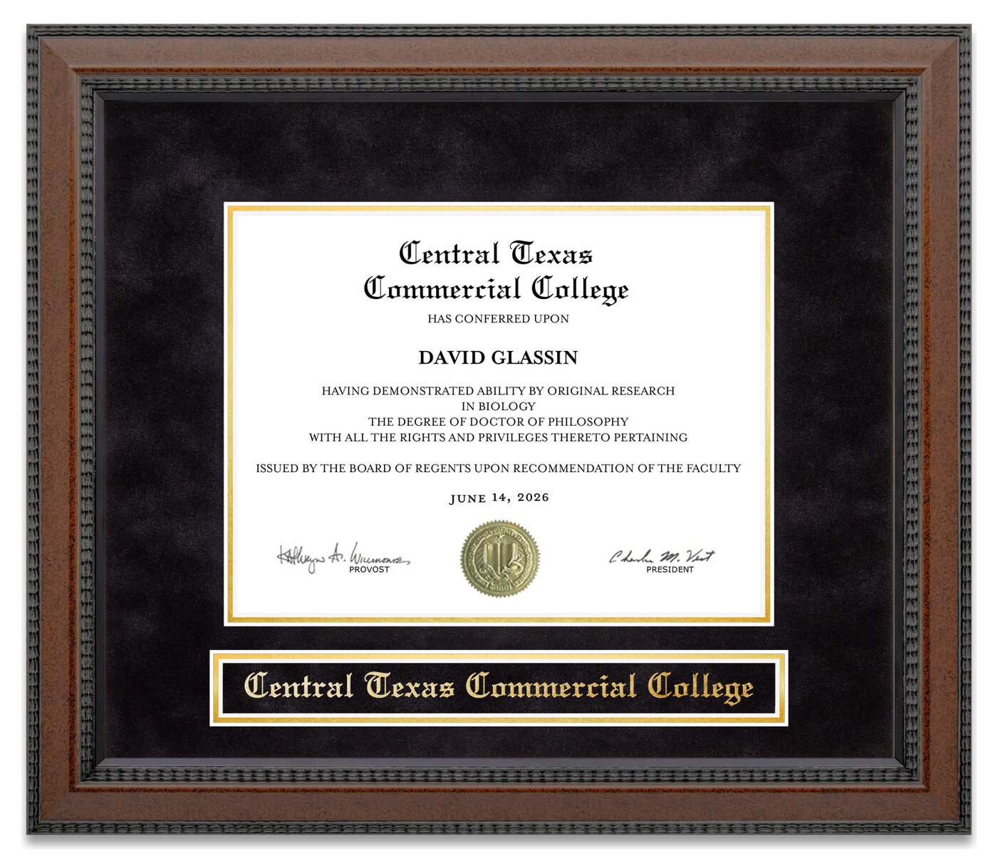 Central Texas Commercial College Diploma Frame - handcrafted diploma frame by Wordyisms
