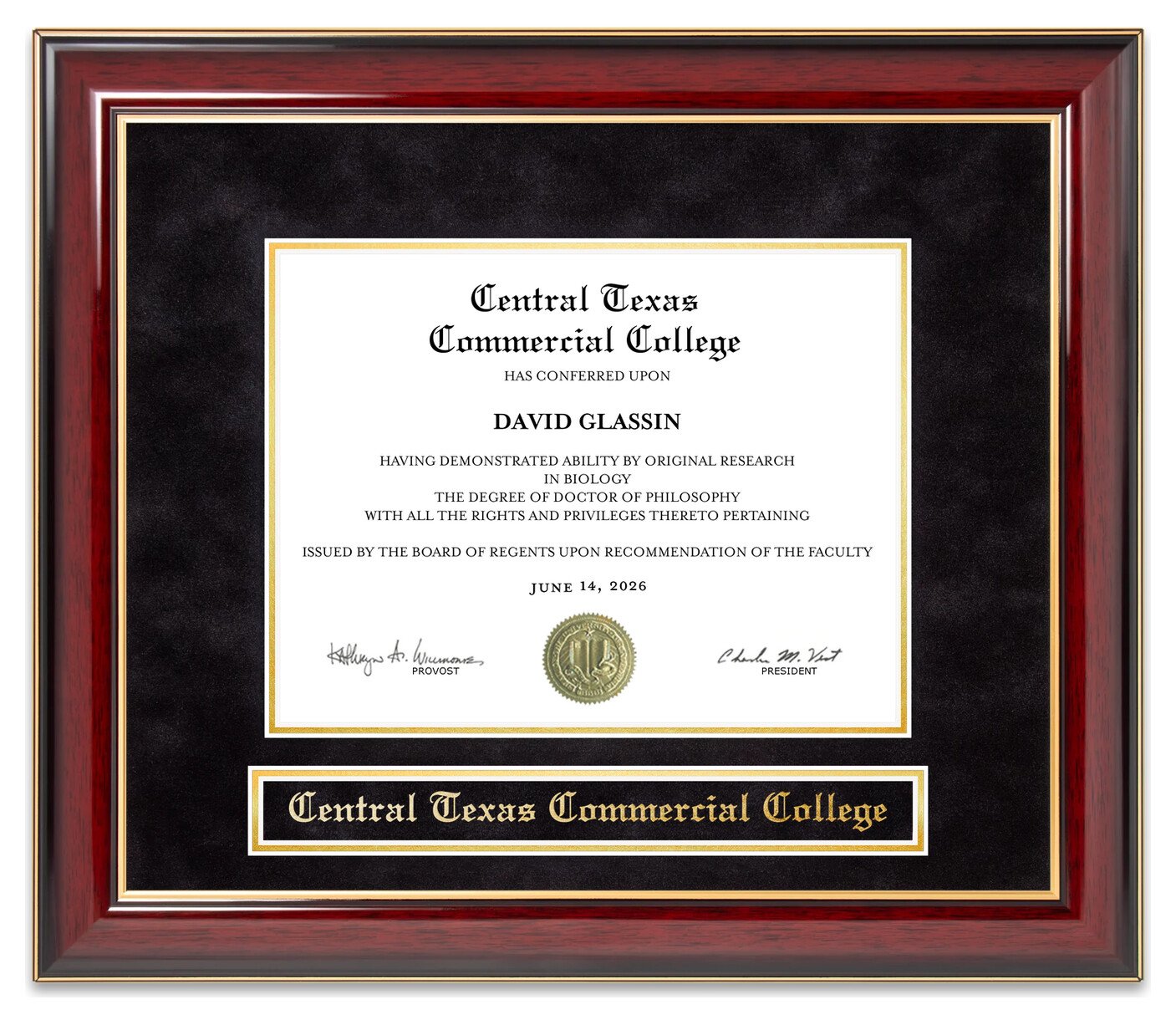 Central Texas Commercial College Mahogany Diploma Frame - handcrafted diploma frame by Wordyisms