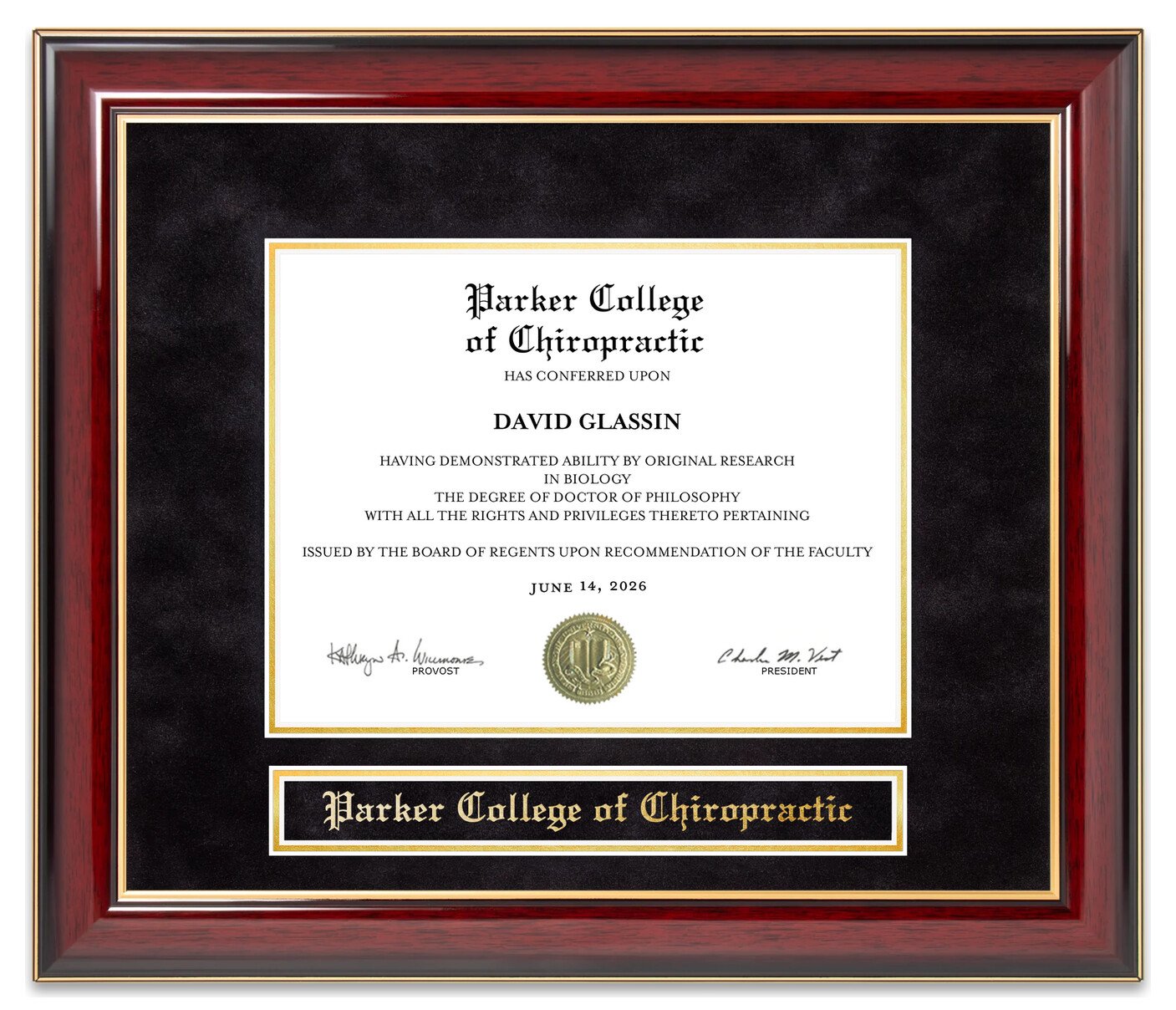 Parker College of Chiropractic Mahogany Diploma Frame - handcrafted diploma frame by Wordyisms